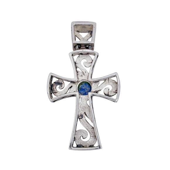 Estate Sterling Silver 925 Ornate Blue Lapis Lazuli Cross Pendant - Picture 4 of 8